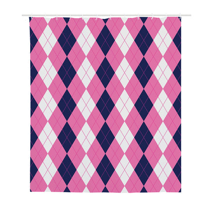 Pink Blue And White Argyle Pattern Print Polyester Shower Curtain