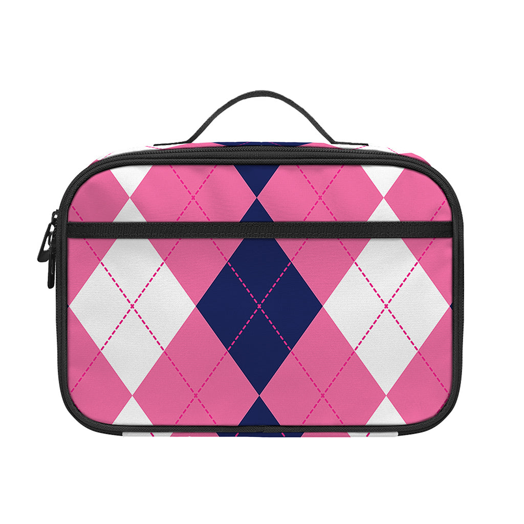 Pink Blue And White Argyle Pattern Print Portable Lunch Bag