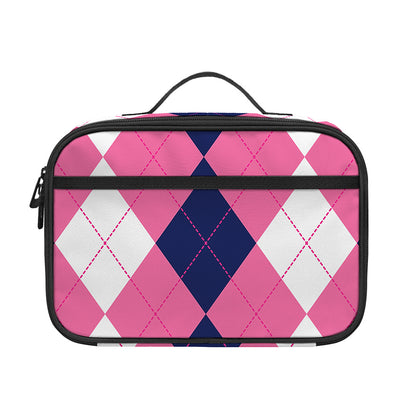 Pink Blue And White Argyle Pattern Print Portable Lunch Bag