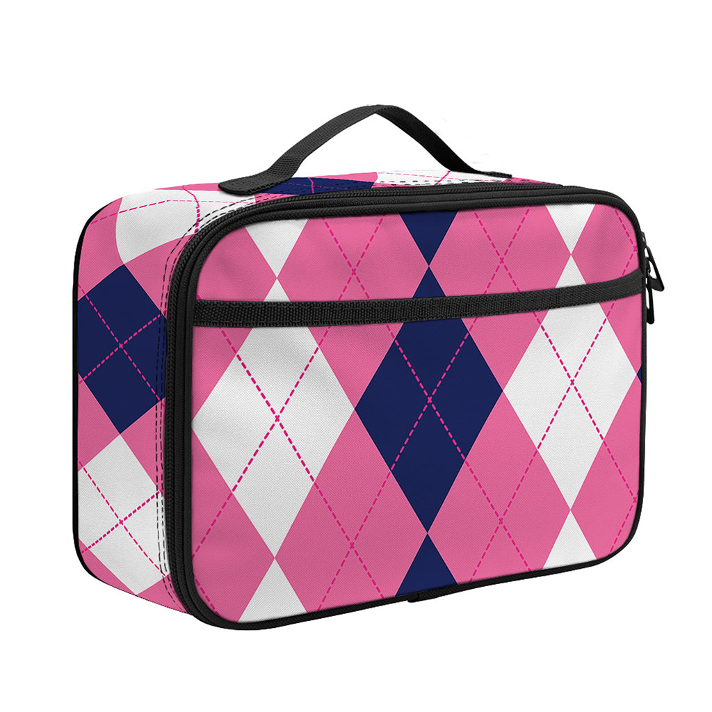 Pink Blue And White Argyle Pattern Print Portable Lunch Bag