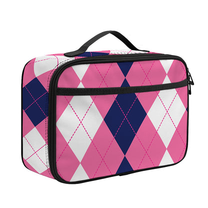 Pink Blue And White Argyle Pattern Print Portable Lunch Bag