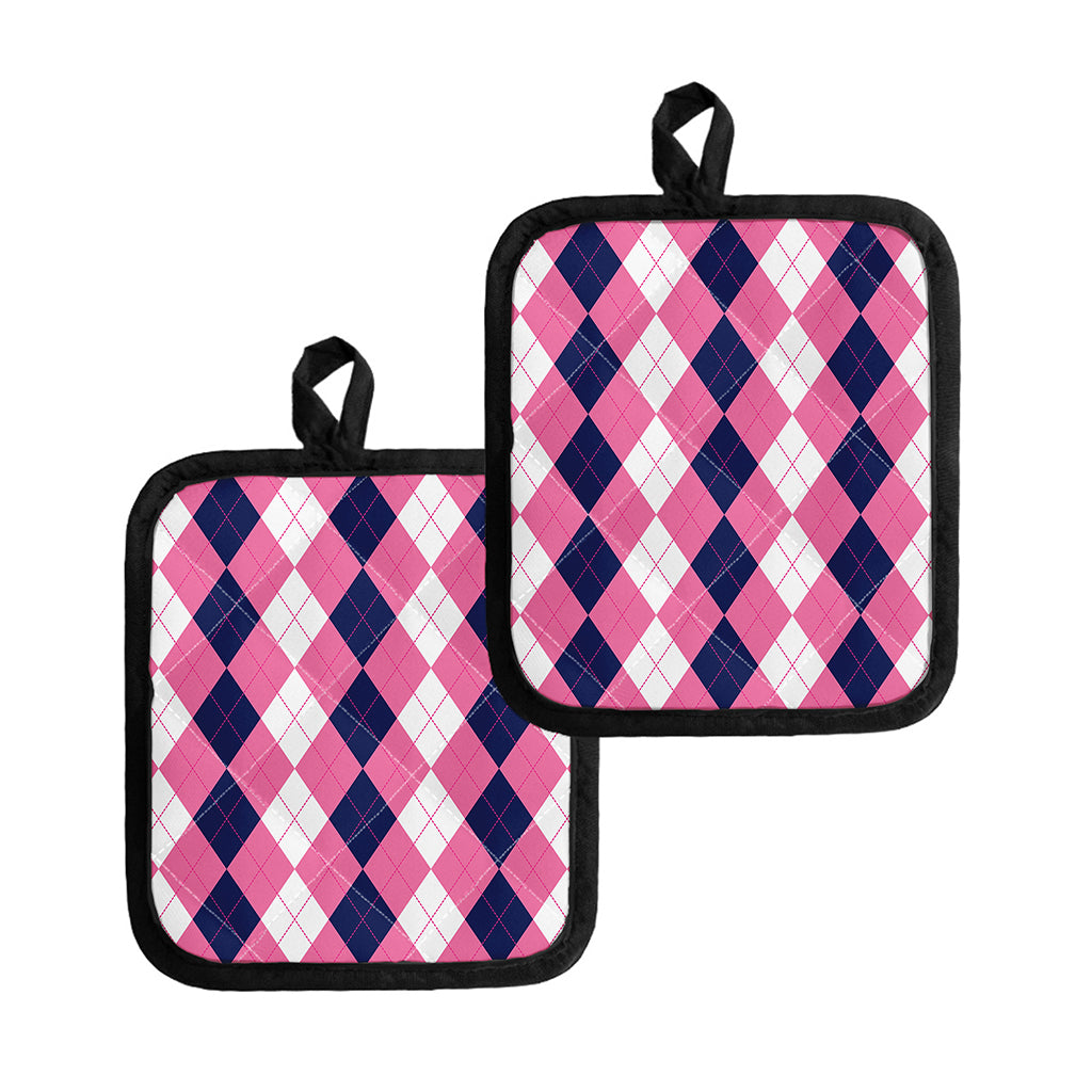 Pink Blue And White Argyle Pattern Print Pot Holders