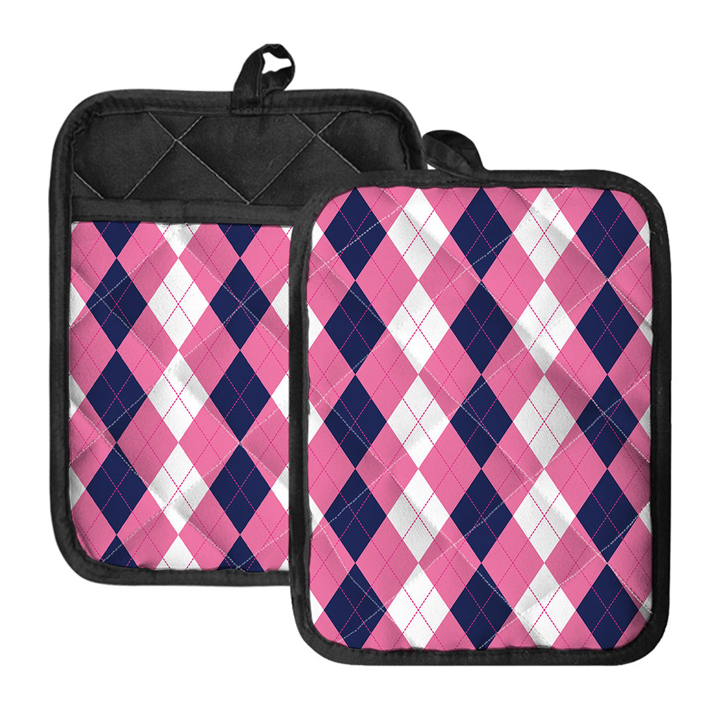 Pink Blue And White Argyle Pattern Print Pot Holders With Pocket