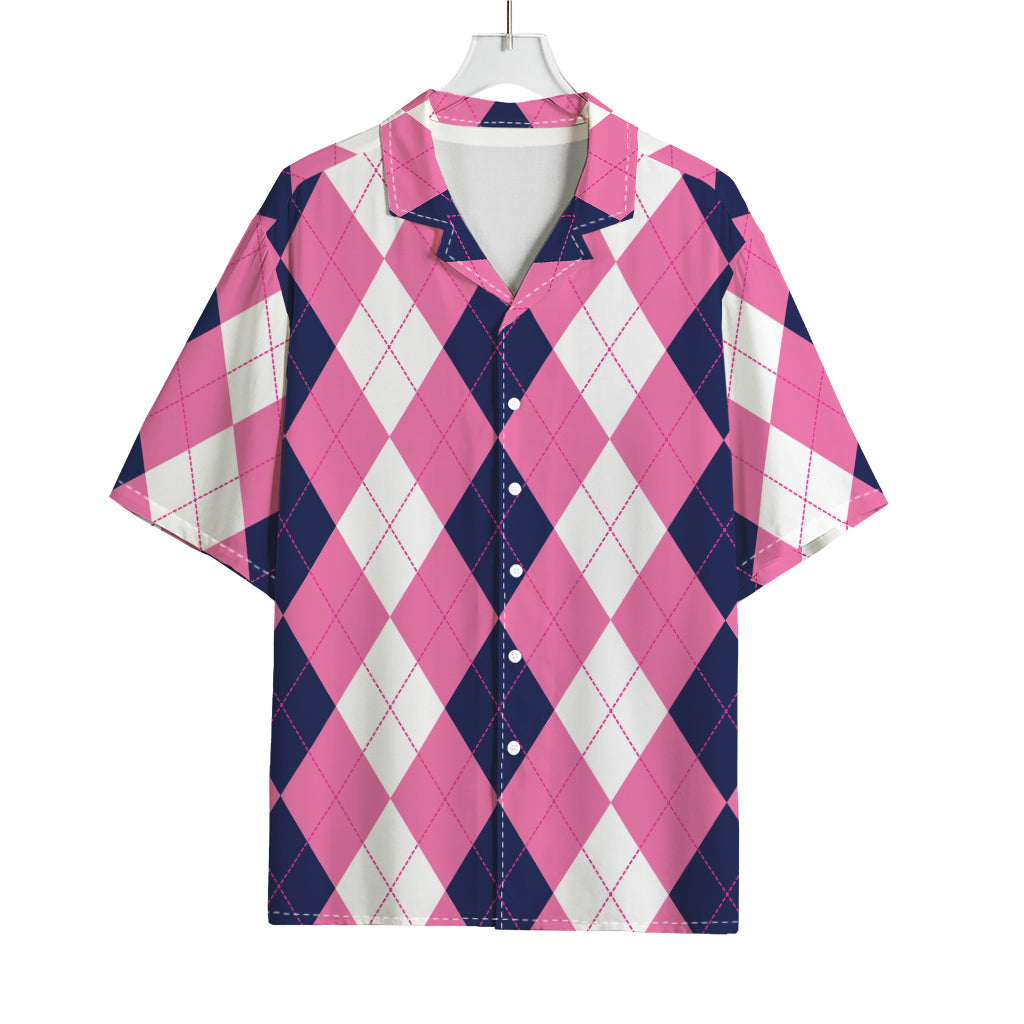 Pink Blue And White Argyle Pattern Print Rayon Hawaiian Shirt