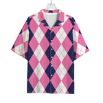 Pink Blue And White Argyle Pattern Print Rayon Hawaiian Shirt