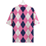 Pink Blue And White Argyle Pattern Print Rayon Hawaiian Shirt