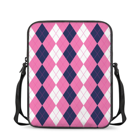 Pink Blue And White Argyle Pattern Print Rectangular Crossbody Bag
