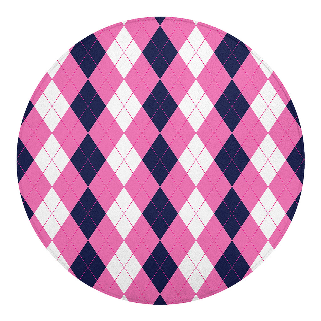 Pink Blue And White Argyle Pattern Print Round Blanket