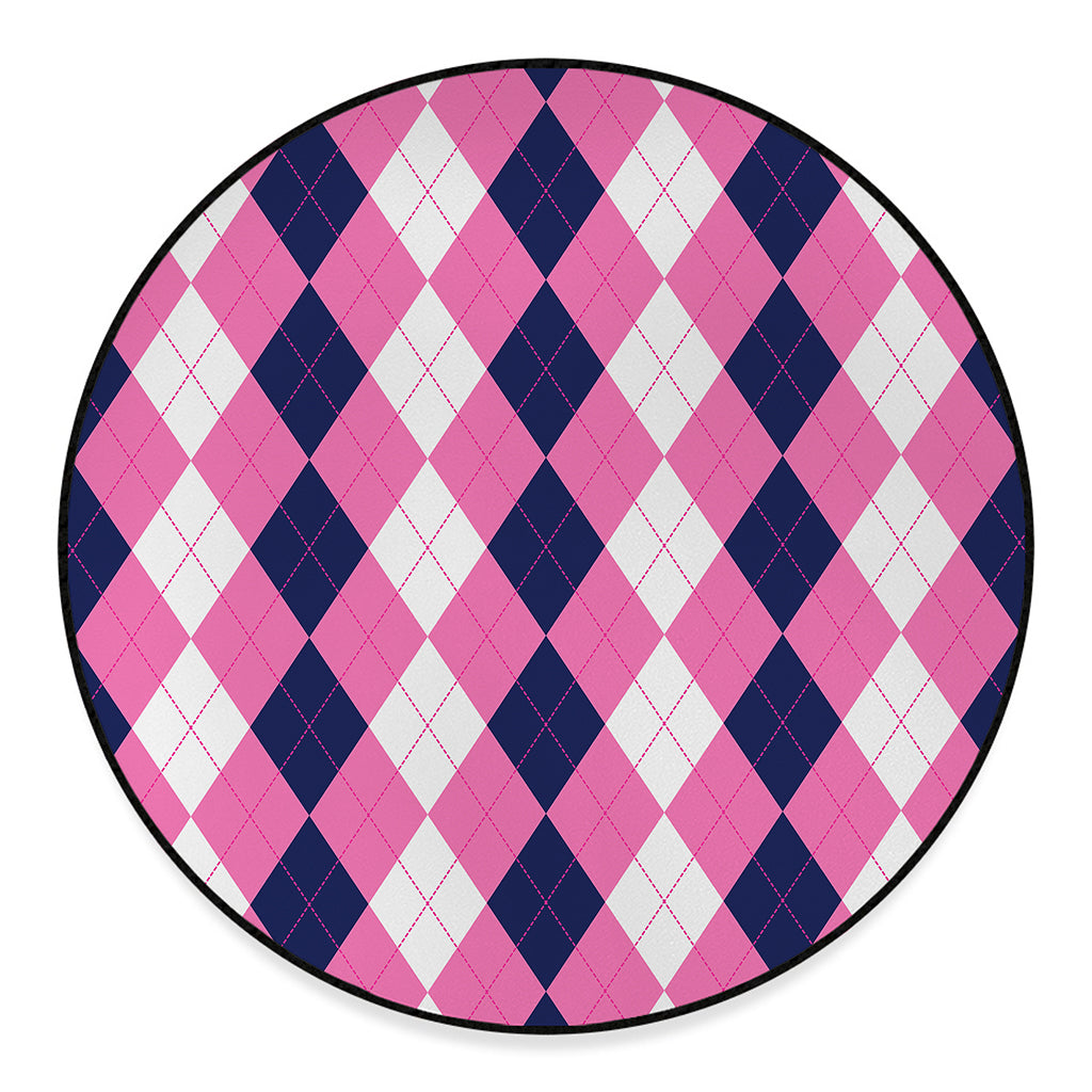 Pink Blue And White Argyle Pattern Print Round Floor Mat