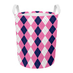 Pink Blue And White Argyle Pattern Print Round Laundry Basket