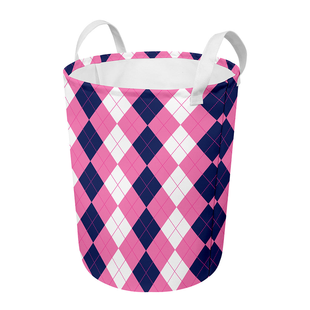 Pink Blue And White Argyle Pattern Print Round Laundry Basket
