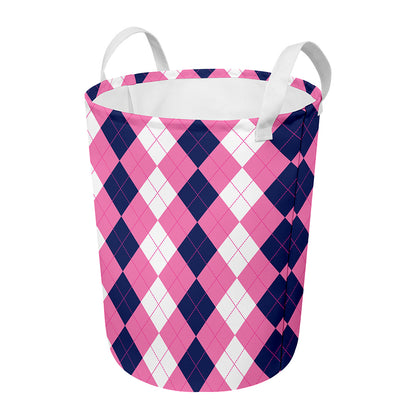 Pink Blue And White Argyle Pattern Print Round Laundry Basket