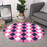 Pink Blue And White Argyle Pattern Print Round Rug