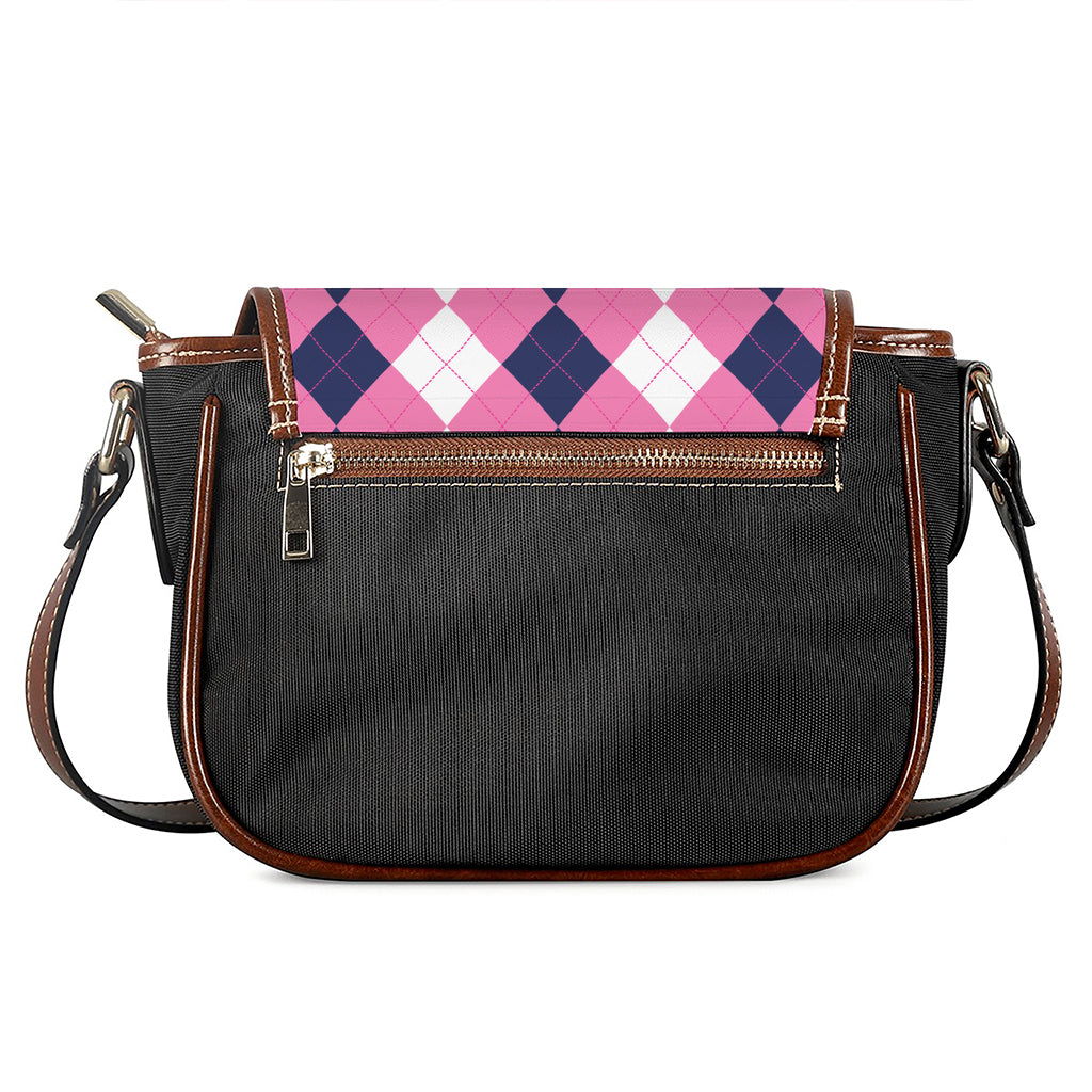 Pink Blue And White Argyle Pattern Print Saddle Bag