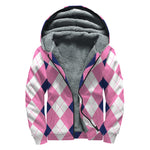 Pink Blue And White Argyle Pattern Print Sherpa Lined Zip Up Hoodie