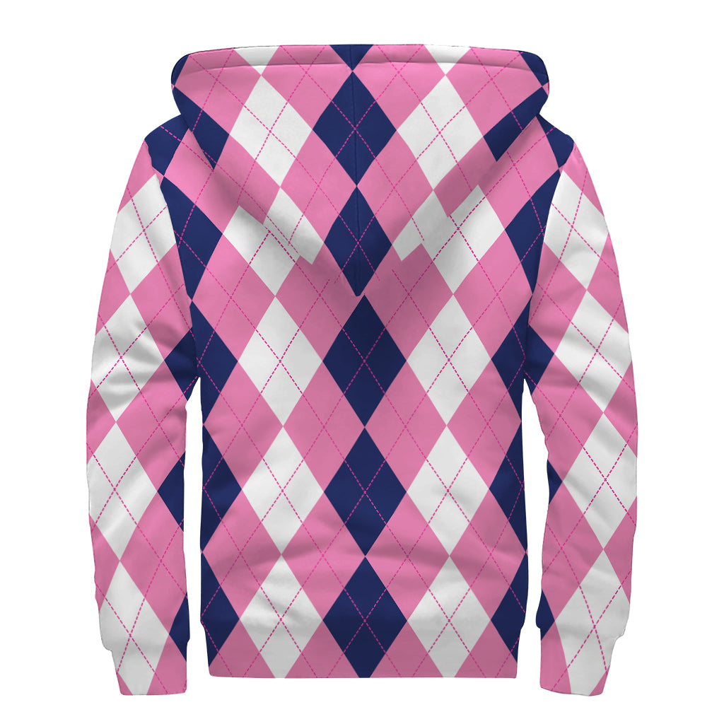Pink Blue And White Argyle Pattern Print Sherpa Lined Zip Up Hoodie