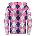 Pink Blue And White Argyle Pattern Print Sherpa Lined Zip Up Hoodie