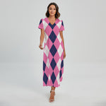 Pink Blue And White Argyle Pattern Print Short Sleeve Maxi Dress