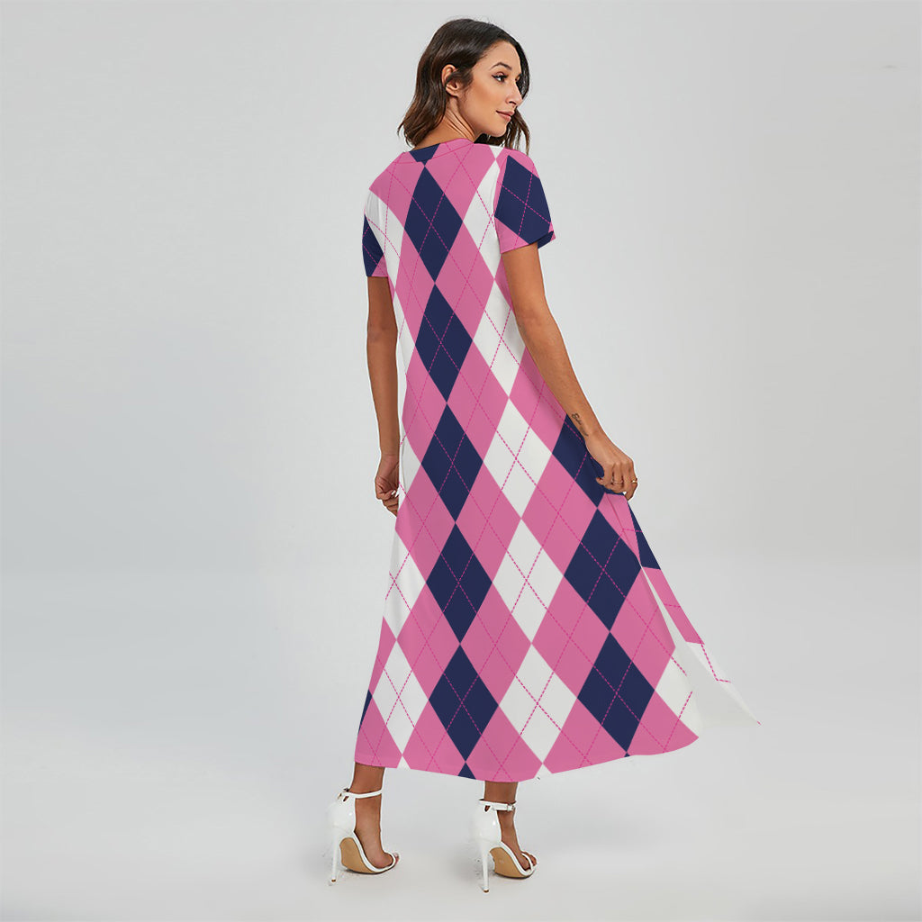 Pink Blue And White Argyle Pattern Print Short Sleeve Maxi Dress