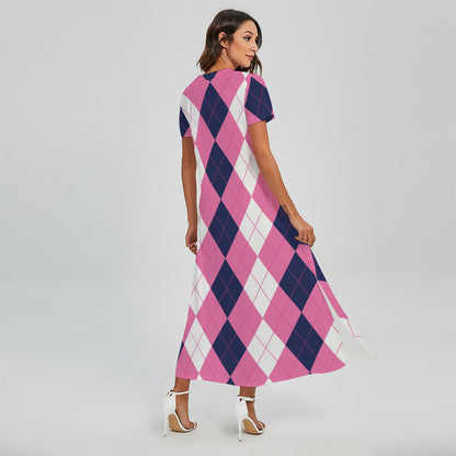 Pink Blue And White Argyle Pattern Print Short Sleeve Maxi Dress