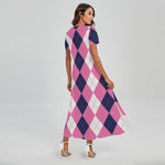 Pink Blue And White Argyle Pattern Print Short Sleeve Maxi Dress