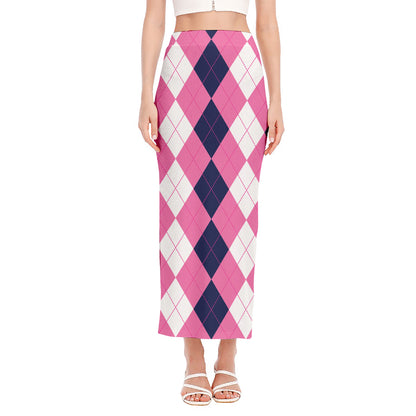 Pink Blue And White Argyle Pattern Print Side Slit Maxi Skirt