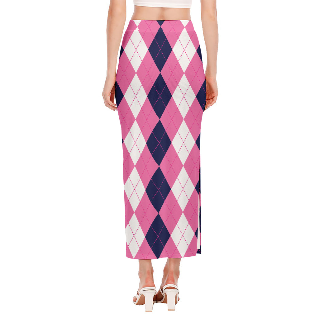 Pink Blue And White Argyle Pattern Print Side Slit Maxi Skirt