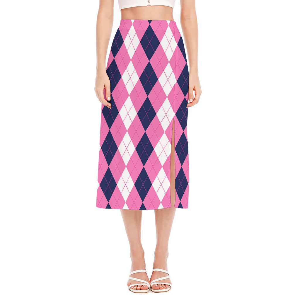 Pink Blue And White Argyle Pattern Print Side Slit Midi Skirt