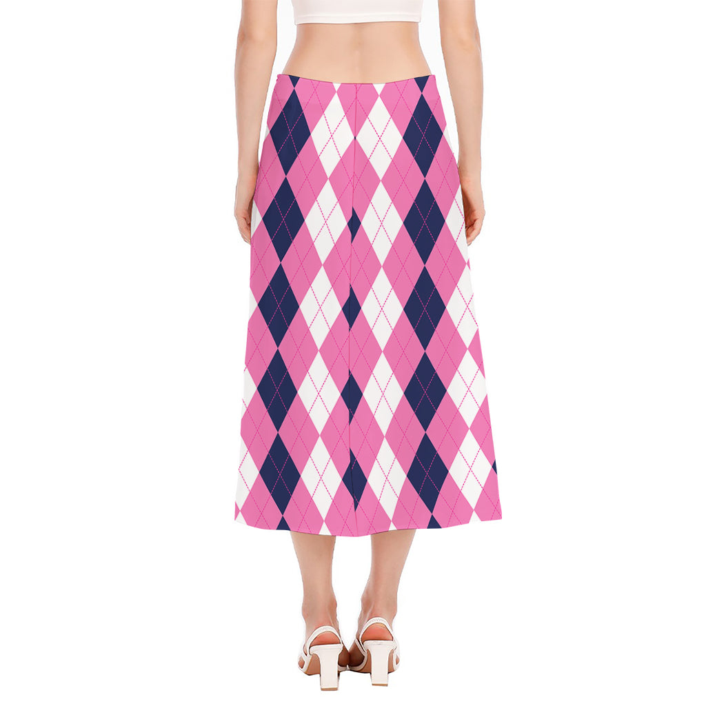 Pink Blue And White Argyle Pattern Print Side Slit Midi Skirt