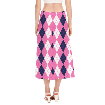 Pink Blue And White Argyle Pattern Print Side Slit Midi Skirt