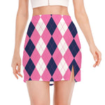 Pink Blue And White Argyle Pattern Print Side Slit Mini Skirt