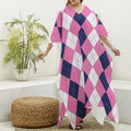 Pink Blue And White Argyle Pattern Print Silk V-Neck Kaftan Dress