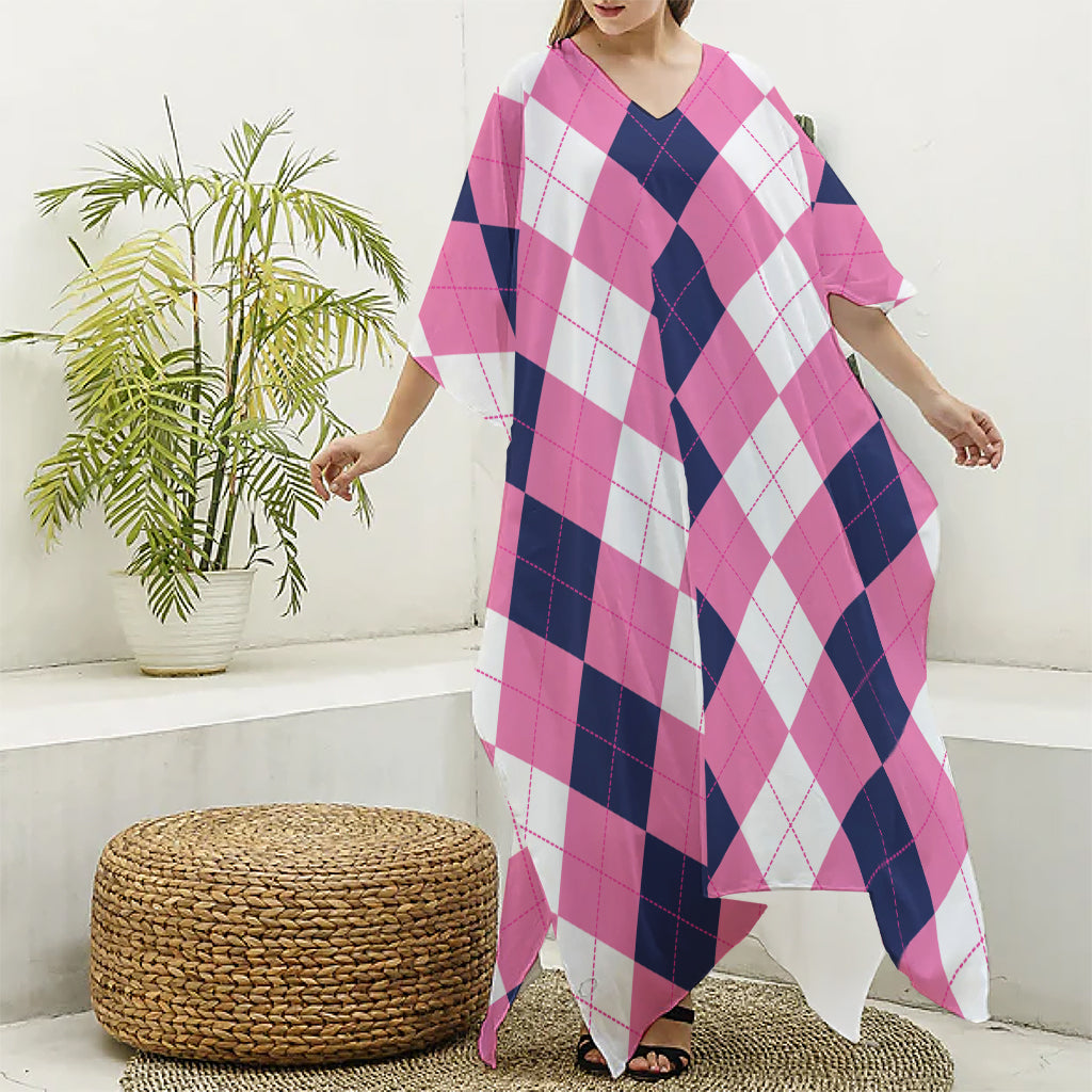 Pink Blue And White Argyle Pattern Print Silk V-Neck Kaftan Dress