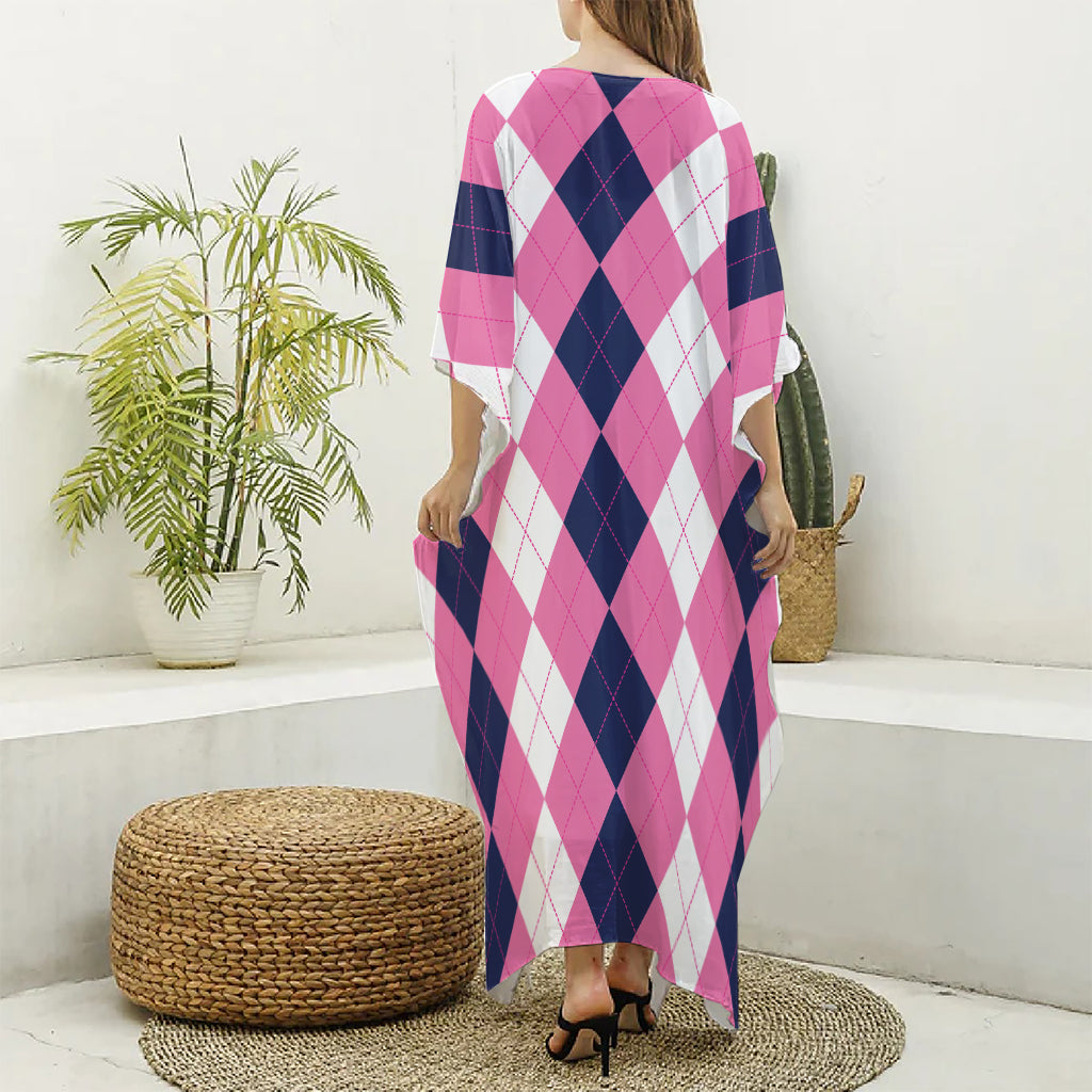 Pink Blue And White Argyle Pattern Print Silk V-Neck Kaftan Dress