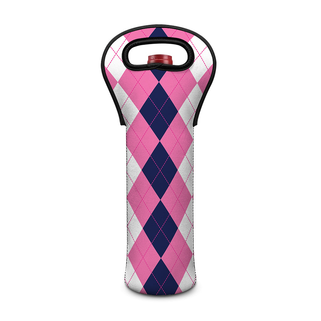 Pink Blue And White Argyle Pattern Print Single Neoprene Wine Tote