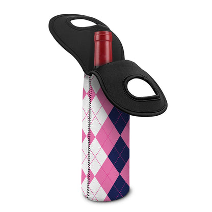 Pink Blue And White Argyle Pattern Print Single Neoprene Wine Tote