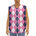Pink Blue And White Argyle Pattern Print Sleeveless Baseball Jersey