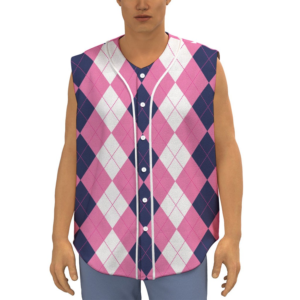 Pink Blue And White Argyle Pattern Print Sleeveless Baseball Jersey