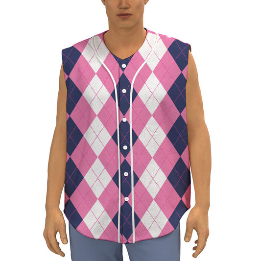 Pink Blue And White Argyle Pattern Print Sleeveless Baseball Jersey