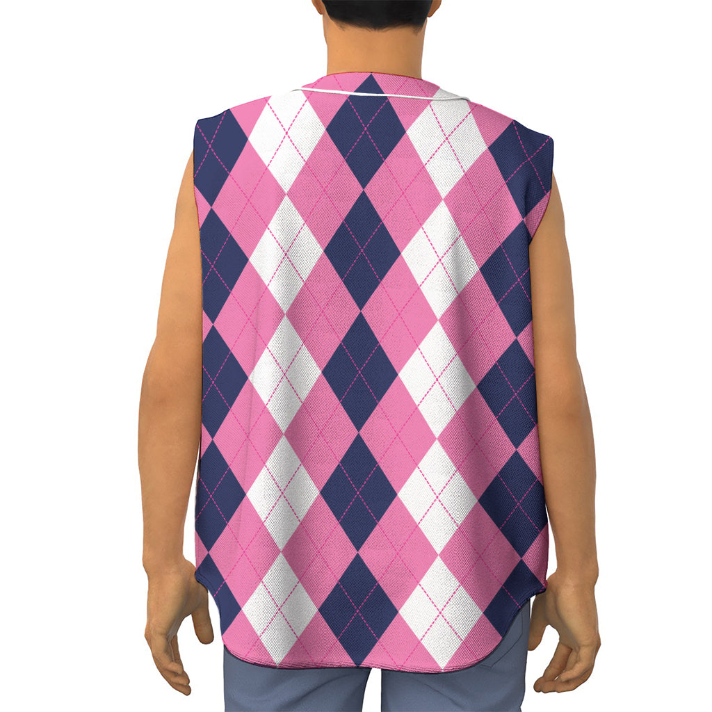 Pink Blue And White Argyle Pattern Print Sleeveless Baseball Jersey