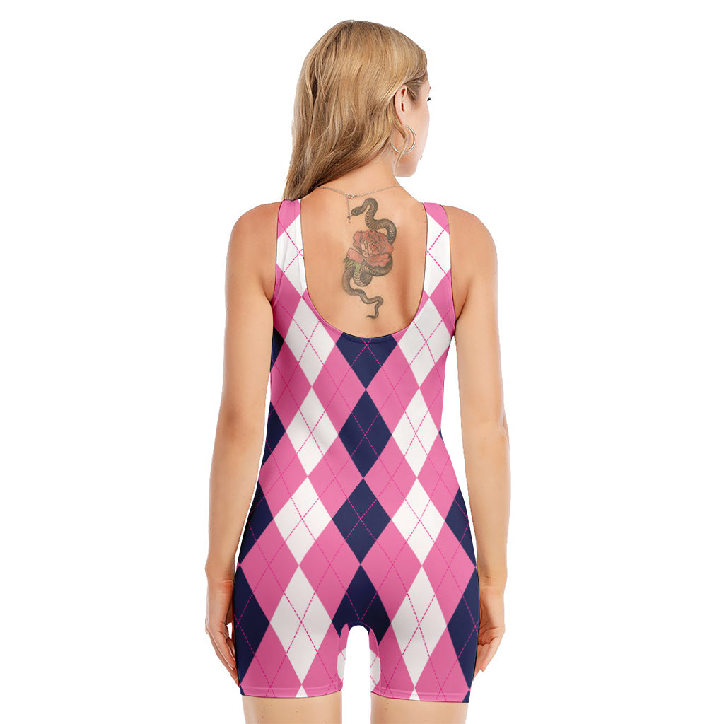 Pink Blue And White Argyle Pattern Print Sleeveless One Piece Swimsuit