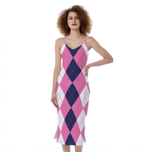 Pink Blue And White Argyle Pattern Print Slim Fit Midi Cami Dress