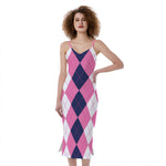 Pink Blue And White Argyle Pattern Print Slim Fit Midi Cami Dress