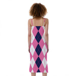 Pink Blue And White Argyle Pattern Print Slim Fit Midi Cami Dress