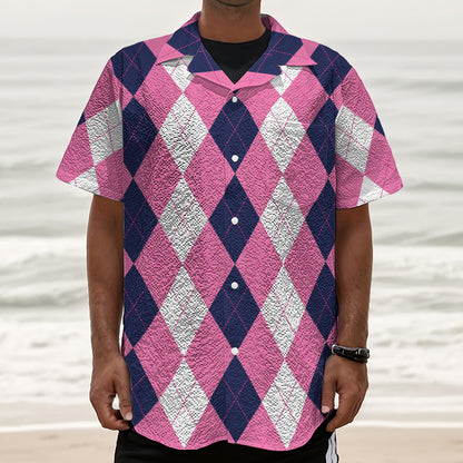 Pink Blue And White Argyle Pattern Print Textured Short Sleeve Shirt