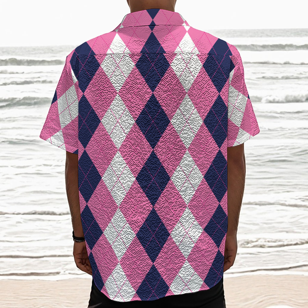 Pink Blue And White Argyle Pattern Print Textured Short Sleeve Shirt