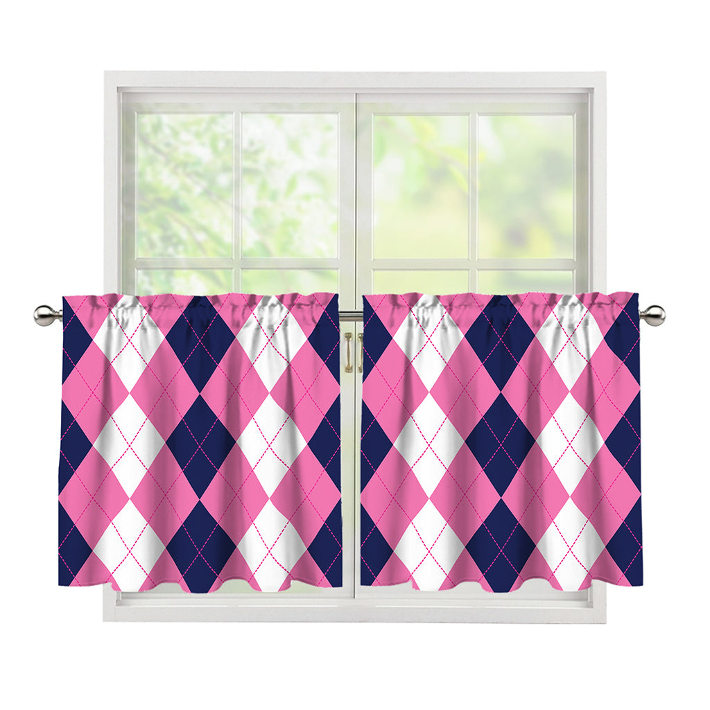 Pink Blue And White Argyle Pattern Print Tier Curtains