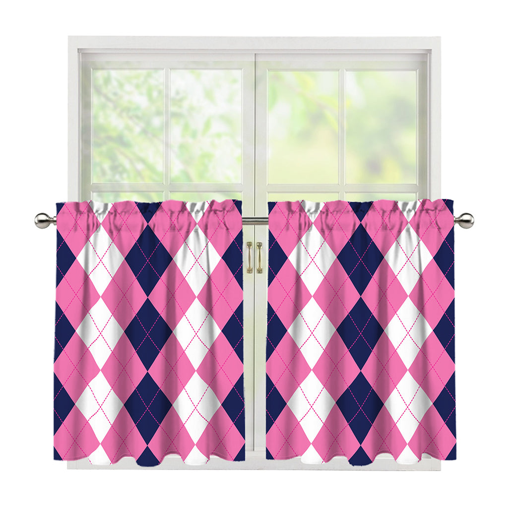 Pink Blue And White Argyle Pattern Print Tier Curtains