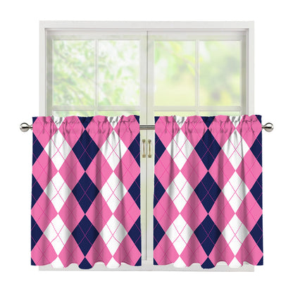 Pink Blue And White Argyle Pattern Print Tier Curtains