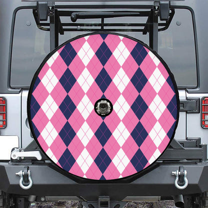 Pink Blue And White Argyle Pattern Print Tire Cover With Camera Hole